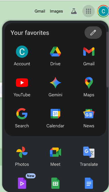 Google apps menu showing Gemini