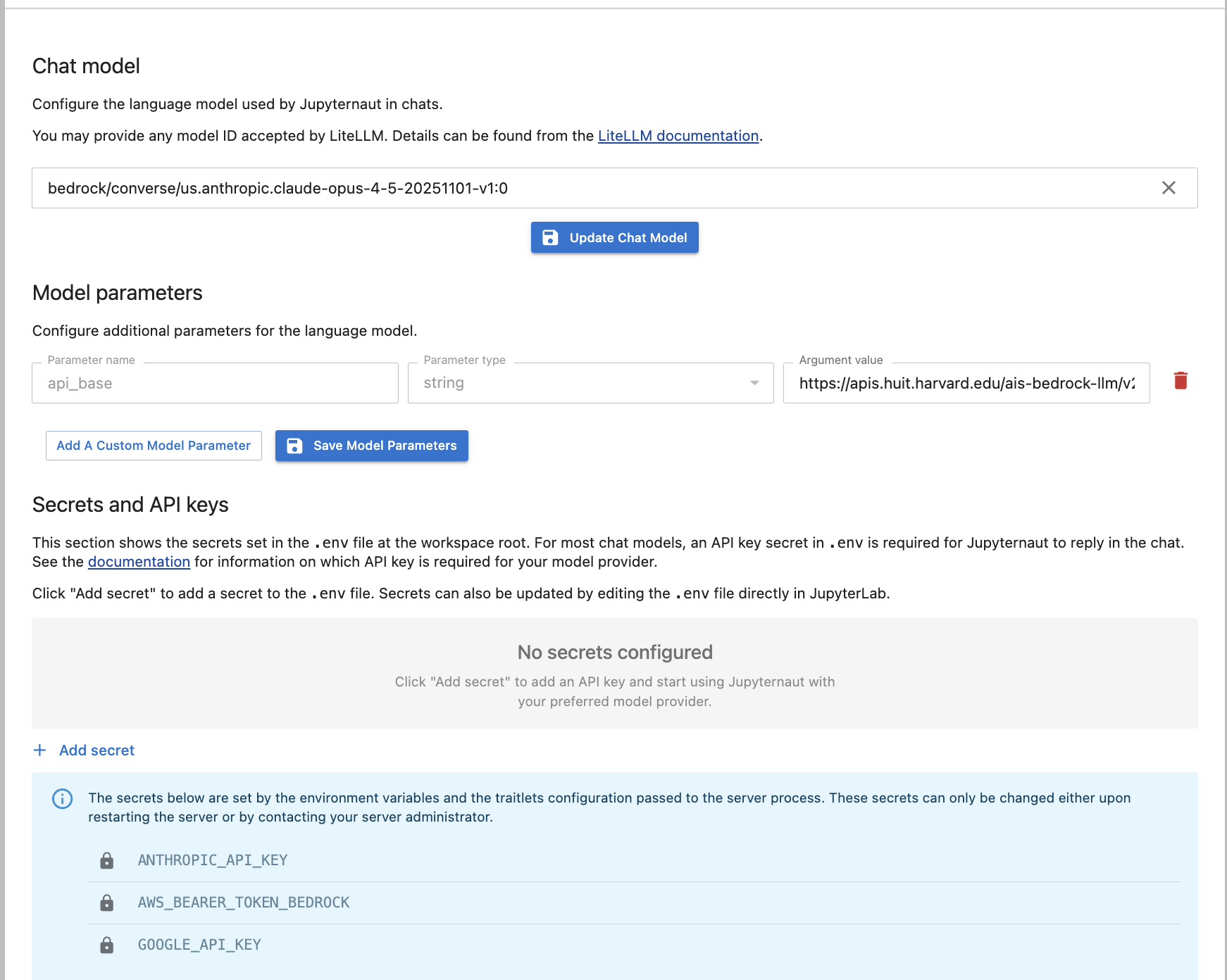 Jupyternaut settings showing Chat model, Model parameters, and Secrets configuration
